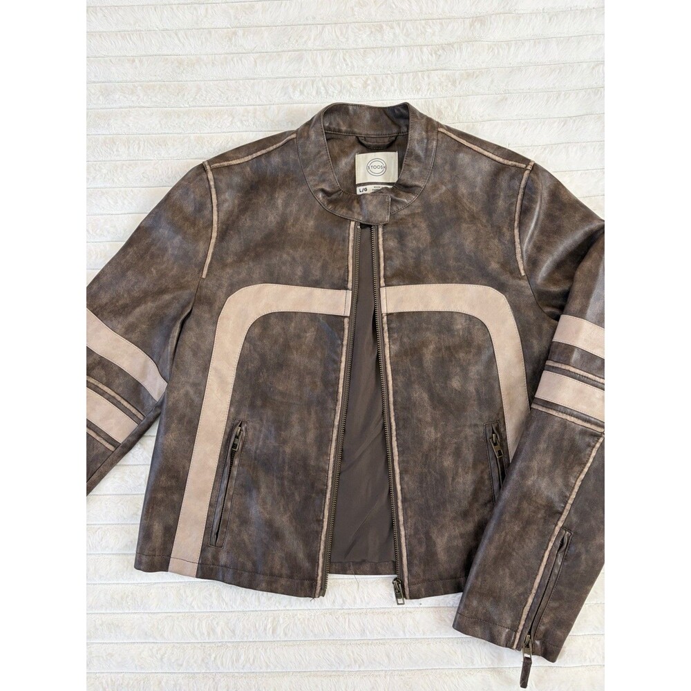 STOOSH Women’s Faux Leather Biker Jacket Brown Beige Contrast Zip Moto Size LG
